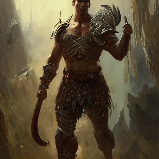 Image similar to a fierce and muscular male warrior in full armor, handsome, fantasy character portrait by greg rutkowski, gaston bussiere, craig mullins, simon bisley