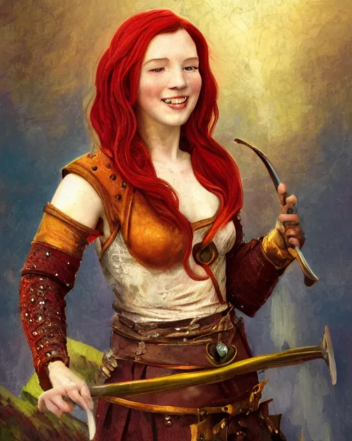 Prompt: fantasy portrait of a happy young women with red hair and freckles, slight smile, renaissance colorful dress, leather armor, music instrument in hand, backlit, made by N.C. Wyeth and Karol Bak, Artstation, 2d digital art, sfw,