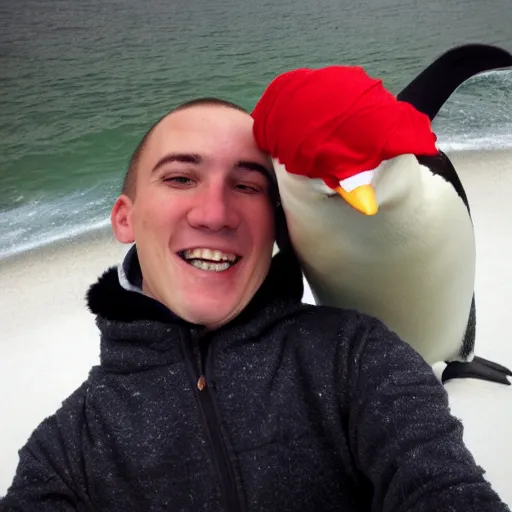 Image similar to selfie of me and my penguin best friend