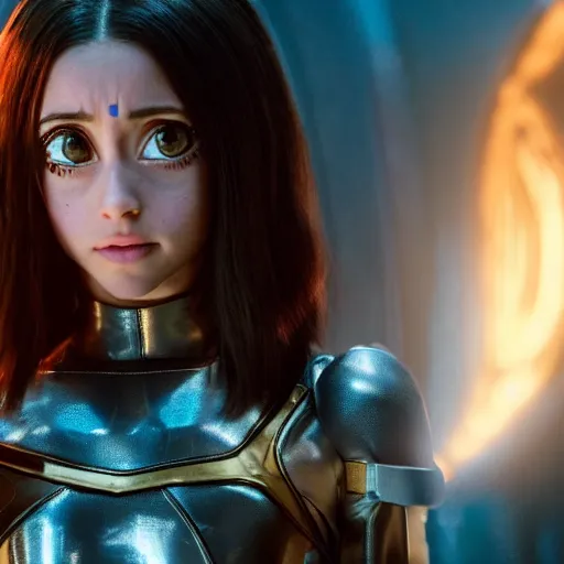 Image similar to cinematic still of ariana grande in alita : battle angel ( 2 0 1 9 ), xf iq 4, f / 1. 4, iso 2 0 0, 1 / 1 6 0 s, 8 k, raw, dramatic lighting, symmetrical balance, in - frame