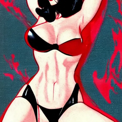 Image similar to bettie page in a vampirella micro bikini in the style of guido crepax