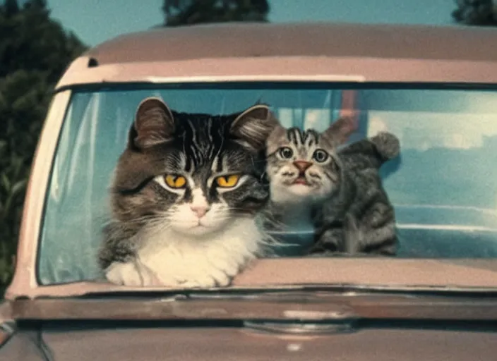 Prompt: A very high resolution image from a new movie, a cat driving a car around, inside of a car , mountains, Polaroid, directed by wes anderson