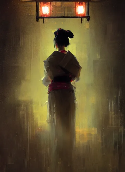 Image similar to female geisha girl, beautiful face, neon, rule of thirds, intricate outfit, spotlight, by greg rutkowski, by jeremy mann, digital painting