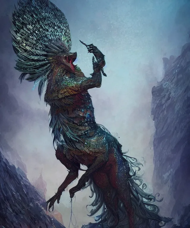 Image similar to a mythical creature covered in scales and feathers spitting acid, fantasy, elegant, digital painting, artstation, concept art, matte, sharp focus, illustration, art by jon foster