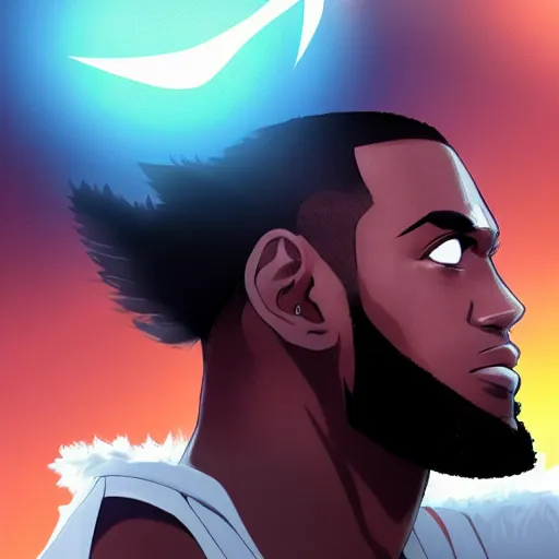Image similar to lebron james as an anime protagonist, beautiful anime style, big cute eyes, portrait, close - up, cinematic rim lighting, dramatic pose, beautiful sunset, professional, highly detailed, clear, sharp, smug expression, expressive, trending on artstation