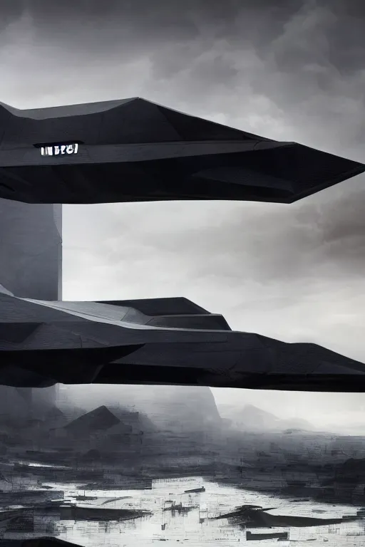 Image similar to professional landscape photograph of a large beautiful neo - futuristic matte symmetrical stealth bomber docked by monolith by joseph cross, denis villeneuve, emmanuel shiu, zaha hadid, vapor, stunning cinematic architectural scale, dramatic, volumetric, concept art, hard surface, hyperrealism, very high detail, trending on artstation, sharp focus, rendered in octane