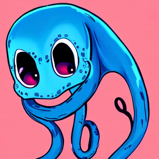 Image similar to character design of an adorable baby faced alien with tentacles on the sides of it's mouth, blue, tiny horns