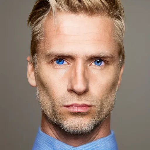 Image similar to close up of face of good looking 4 0 year old anglo slavic blond man with blond stubble, very short wavy blond hair in a short pompadour style, very dark blue eyes, portrait, 4 k