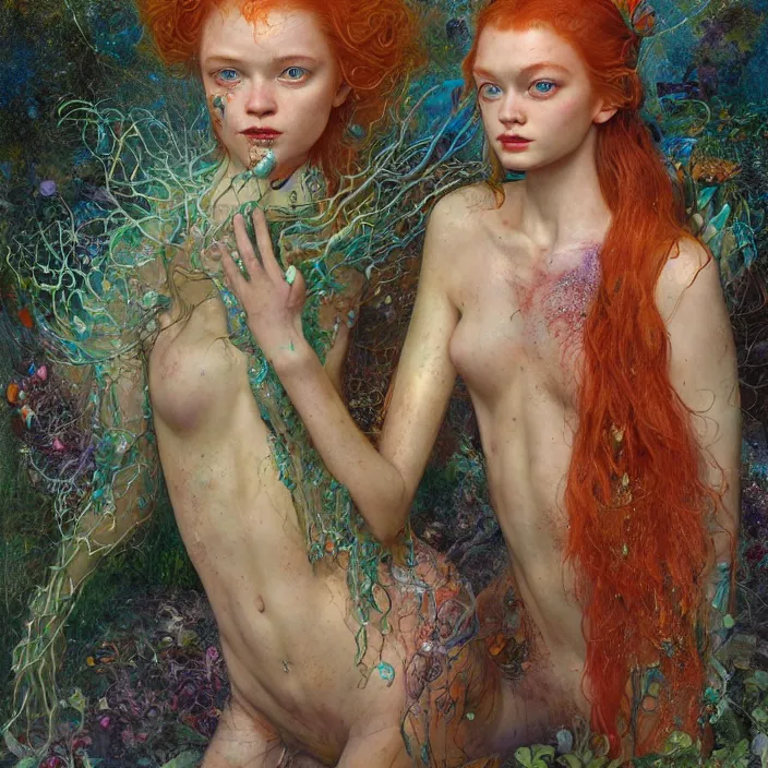 Image similar to a fashion editorial of sadie sink as a brightly colored mermaid alien hybrid with wet mutated skin. wearing an growing organic catsuit. by tom bagshaw, donato giancola, hans holbein, walton ford, gaston bussiere, brian froud, peter mohrbacher and magali villeneuve. 8 k, cgsociety