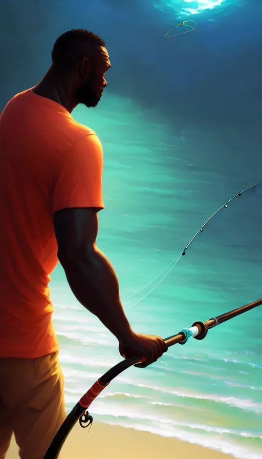 Image similar to highly detailed portrait of one athletic modern jamaican man fishing with a magical glowing fishing rod weapon, ocean background, unreal engine, fantasy art by greg rutkowski, loish, rhads, makoto shinkai and lois van baarle, ilya kuvshinov, rossdraws, tom bagshaw, global illumination, radiant light, detailed and intricate environment