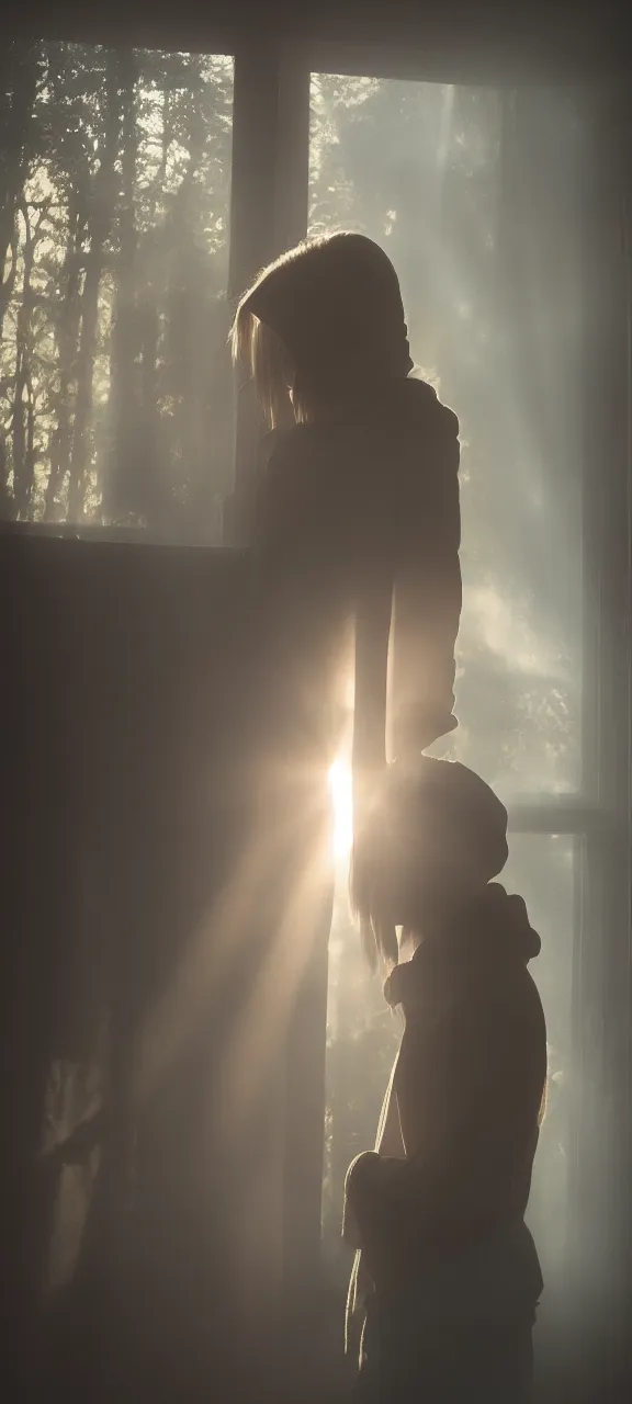 Image similar to very very beautiful photograph of emily skinner looking like annie leonhart in a hoodie standing next to a window god rays shining on her from the sunlight, sharp focus, volumetric fog, smoke, depth of field, beautiful composition, very very very beautifull face, on artstation and instagram, ray tracing