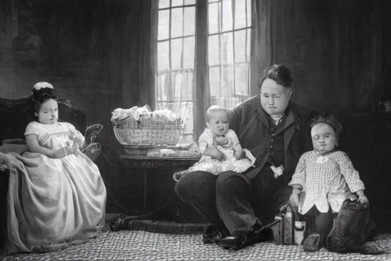 Prompt: charming and chubby parents and their very fat baby girl, wearing a polka dot cloths and a victorian - style hairdo, sits in the large and bright studio. sunlight enters through the barred window. modern etching style. beautiful lighting, 4 k post - processing, highly detailed, 5 k extremely detailed, 3 d. cinematic scene.