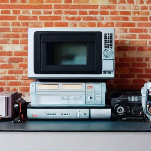 Prompt: a professional studio photograph (((((((((((((((((((((((((((((of a 90s television and VHS combo playing a video))))))))))))))))))))))))))))) of clouds, key light, 50mm, shallow depth of field, no artefacts