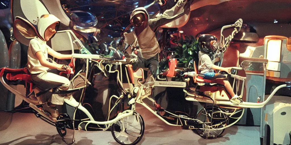 Image similar to 1990s photo of inside the E.T. ride at Universal Studios in Orlando, Florida, riding the flying bike with E.T. , cinematic, UHD