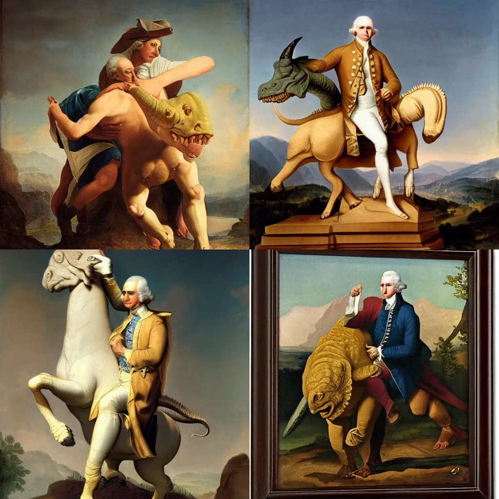 Prompt: George Washington hugging a Triceratops, classical realism painting.