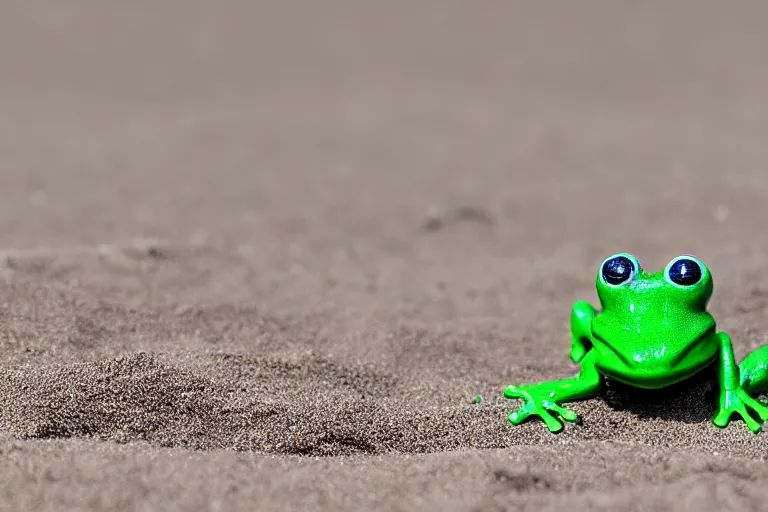 Image similar to fisher price frog on the beach, california, in 2 0 1 5, perfect focus, scene from tv show hyper detailed 5 5 mm 8 5 mm, toy photography, made out of plastic