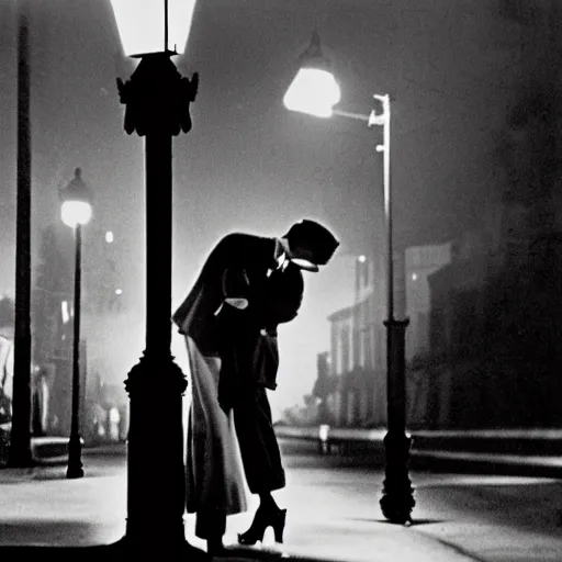 Image similar to random film still from a 1 9 4 0's film noir movie with a man and woman kissing under a street light