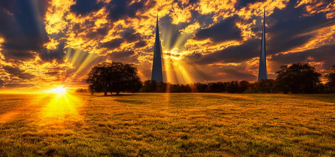 Image similar to a beautiful landscape at sunset with lines of love hearts dancing towards a central spire, nikon d 8 5 0, golden hour, god rays, cinematic lighting