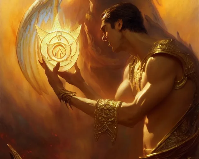 Image similar to attractive male deity, casting demonic magic, summoning handsome lucifer morning star. highly detailed painting by gaston bussiere, craig mullins, j. c. leyendecker 8 k