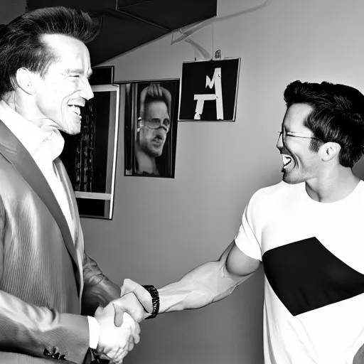 Image similar to old black and white photograph of arnold schwarzenegger meeting markiplier, both laughing, photorealistic