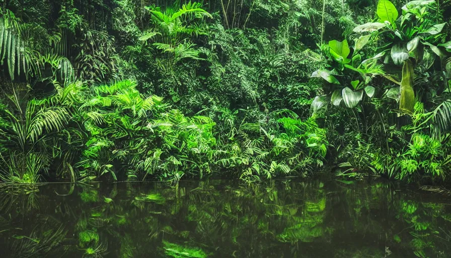 Image similar to a rainy foggy jungle, river with low hanging plants, there is a giant aligator in the water, it is glowing, great photography, ambient light