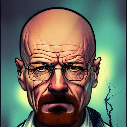 Image similar to a highly detailed portrait of walter white in the style of charles dana gibson and in the style of peter mohrbacher. glowing rune of magical power.