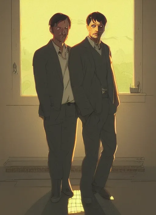 Prompt: portrait of Mads Mikkelsen and Hugh Dancy holding hands romantically as they chaperone school dance by Michael Whelan, Bob Larkin and Tomer Hanuka, simple illustration, domestic, nostalgic, clean, full of details, by Makoto Shinkai and thomas kinkade, Matte painting, trending on artstation and unreal engine, 1980s romance book cover, 1990s horror book cover