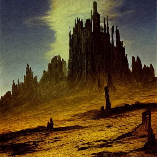 Prompt: Scorched ashen landscape dominated by an obsidian tower, matte oil painting, fantasy, exquisitely detailed, gothic, by Caspar David Friedrich