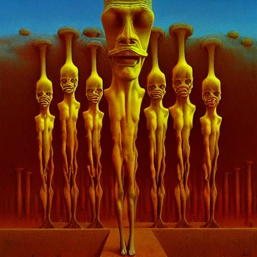 Image similar to highly detailed dystopian surreal painting of eerie grinning head statues and buildings by zdzisław beksinski