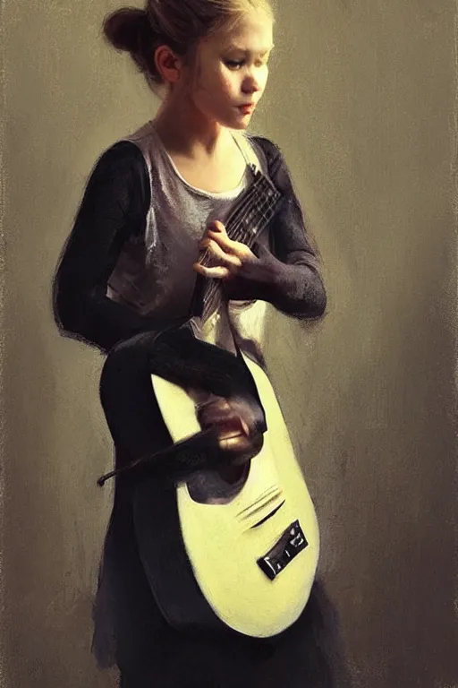 Prompt: “ little girl, pigtails hairstyle, practicing guitar, jeremy lipking, joseph todorovitch, casey baugh ”