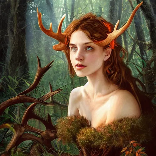 Prompt: A beautiful digital painting of freya allen, wooden antlers on her head, brown curly hair with orange leaves, swamp in the background, D&D, fantasy, intricate, beautiful green eyes, cinematic lighting, highly detailed, digital painting, Artstation, concept art, smooth, sharp focus, illustration, art by Artgerm and Greg Rutkowski and Alphonse Mucha