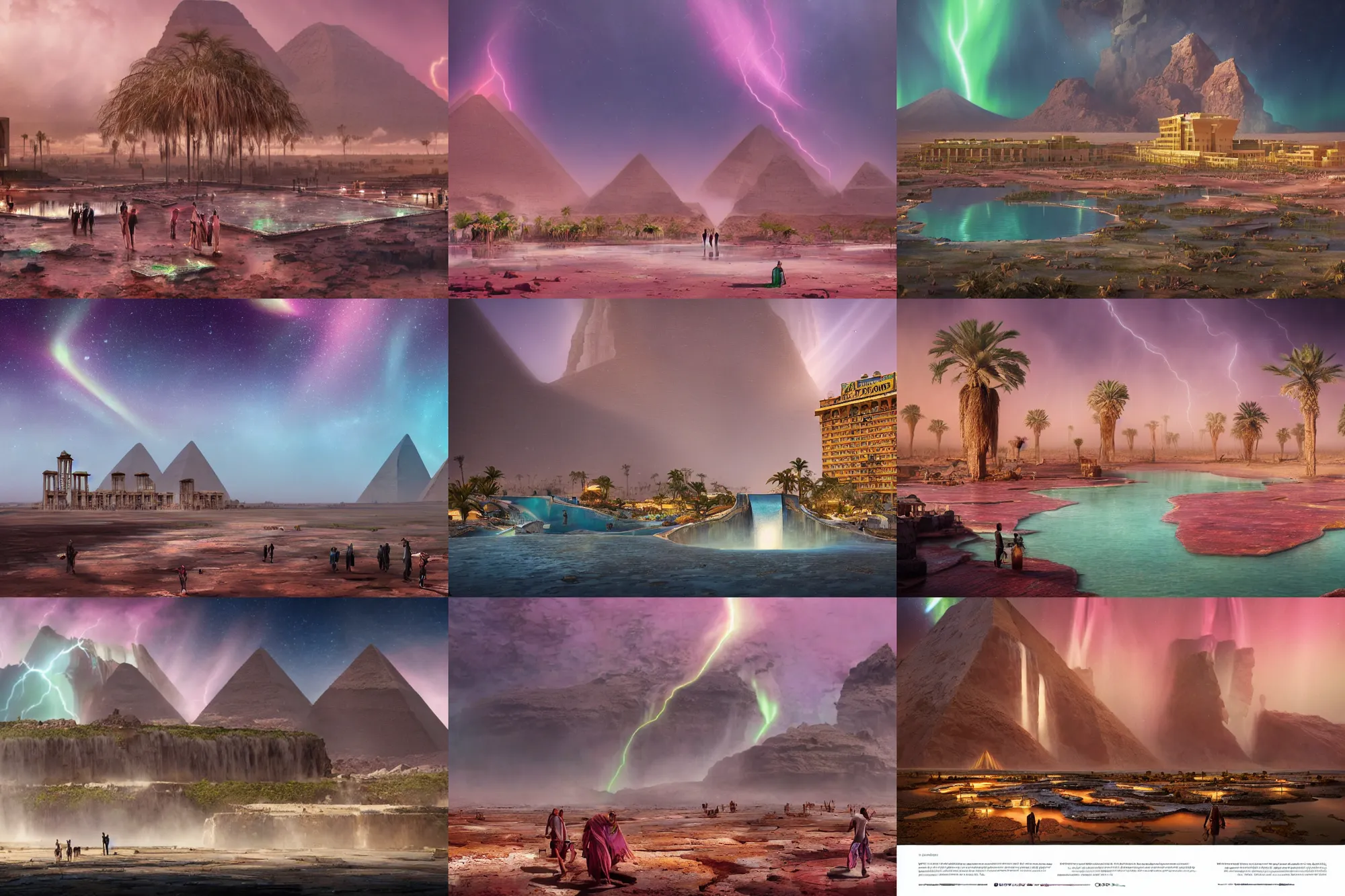 Prompt: luxor hotel on danakil depression of the place with acid pools in mount roraima during autumn season on an interstellar aurora borealis with heavy thunder and lightning, pink waterfalls, by peter mohrbacher, james jean, james gilleard, greg rutkowski, vincent di fate, rule of thirds, octane render, beautiful landscape