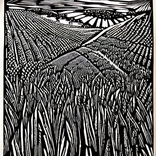 Prompt: intricate, detailed, Linocut Art on paper of fields of wheat in the northwest. Latin American Linocut Art, grabado mexicano.