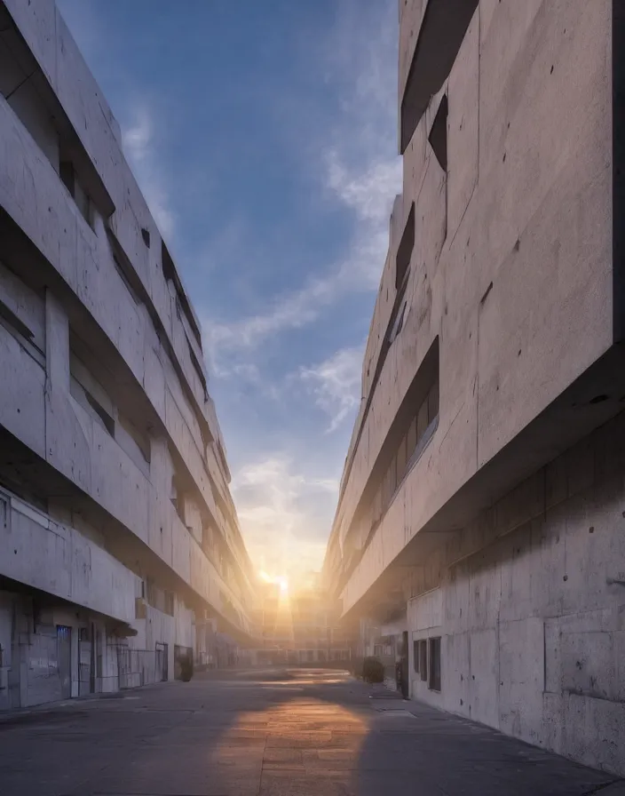 Image similar to brutalist architecture streetscapes stunning volumetric lighting sunset