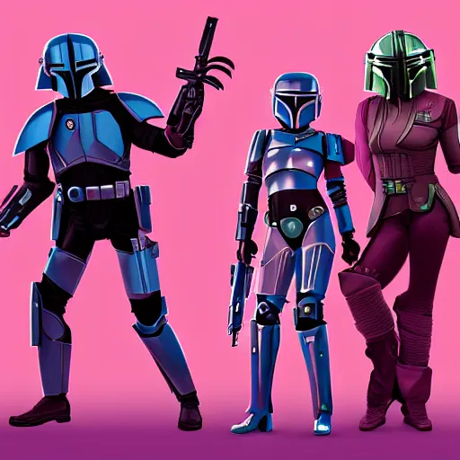 Image similar to bo katan, koska reeves, and a very fancy female mandalorian in a pink suit and bedazzled helmet. digital art. photo realistic. 4 k. intricate. detailed. by krenz cush art simon fetscher.