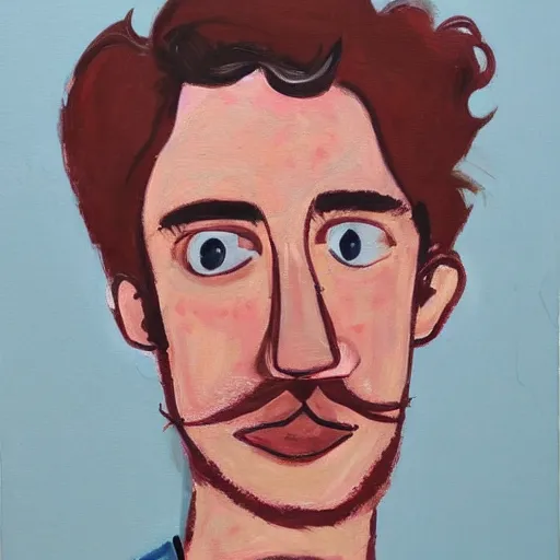 Image similar to painting by elizabeth peyton of a stressed young cute handsome beautiful strawberry blond medium very curly thick hair and slight mustache and slight beard man in his early 2 0 s wearing a blank maroon t - shirt with grey - blue eyes