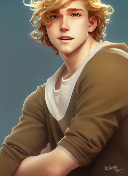 Image similar to young man with medium - length, curly, golden hair, perfectly proportioned face, aquamarine eyes, sweet smile, natural lighting, path traced, highly detailed, high quality, cartoon, digital painting, by new haicheng and ross tran and studio ghibli and alphonse mucha