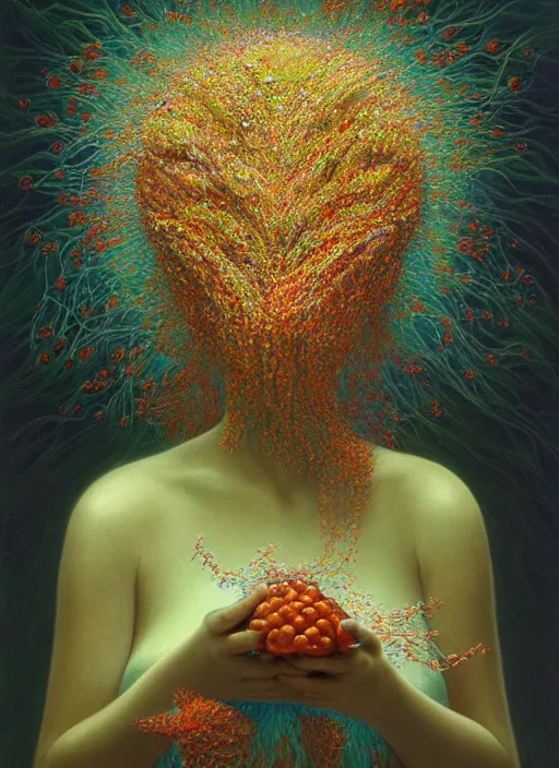 Image similar to hyper detailed 3d render like a Oil painting - Aurora (Singer) Eats of the Strangling Fruit and Her delicate Hands hold of gossamer polyp celium blossoms bring iridescent fungal flowers whose spores black the foolish stars by Jacek Yerka, Mariusz Lewandowski, Houdini algorithmic generative render, Abstract brush strokes, Masterpiece, Edward Hopper and James Gilleard, Zdzislaw Beksinski, Mark Ryden, Wolfgang Lettl, hints of Yayoi Kasuma, octane render, unreal engine 5 render, 8k