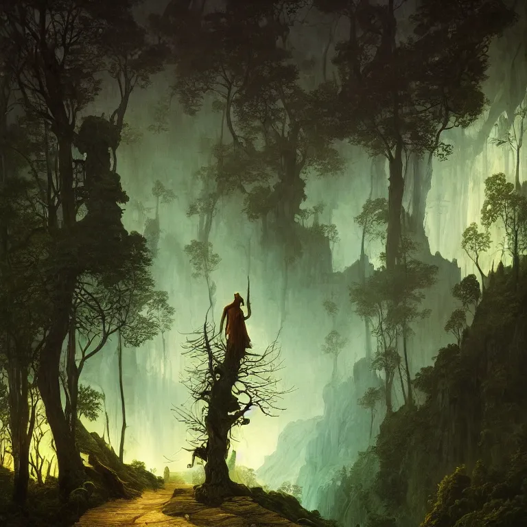 Image similar to a detailed landscape painting inspired by moebius and beksinski of a great forest with path and man with a cape over his head. fantasy poster. cinematic fantasy scene. aurora lighting. fantasy. carl spitzweg. baroque elements. baroque element. intricate artwork by caravaggio. oil painting. award winning. dramatic. trending on artstation. 8 k