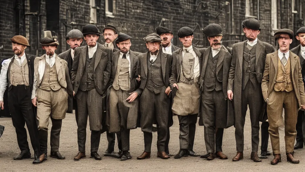 Image similar to a group of human peanuts dressed like the peaky blinders