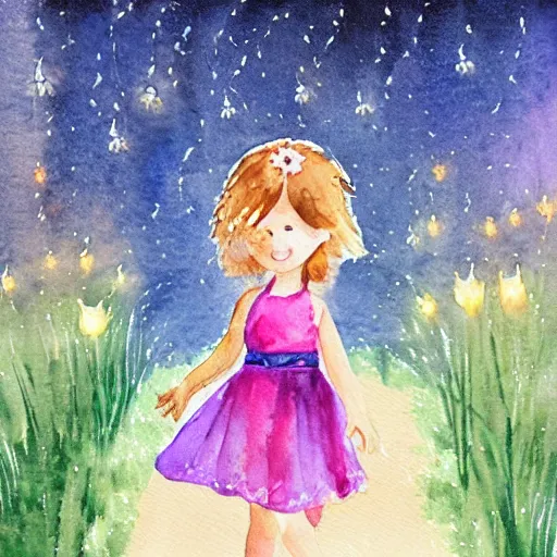 Image similar to A little girl with wavy brown hair with a happy expression wearing a summer dress dancing with fireflies, she is in the distance. beautiful watercolor painting.