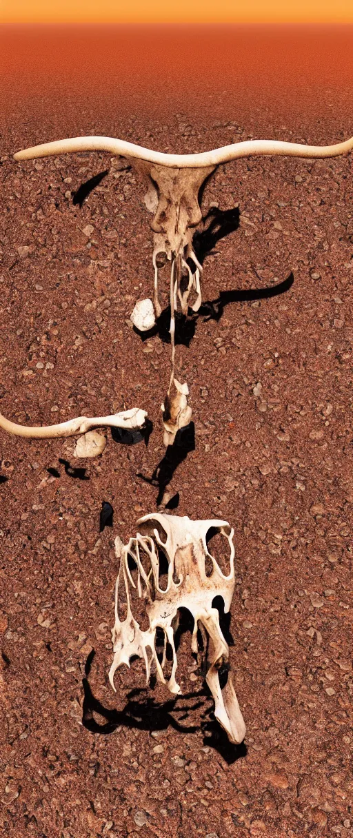 Prompt: a cow skull in the middle of a scolding desert, realistic, 4 k, ultra detail, rocky desert, cow skull, hot, orange soil