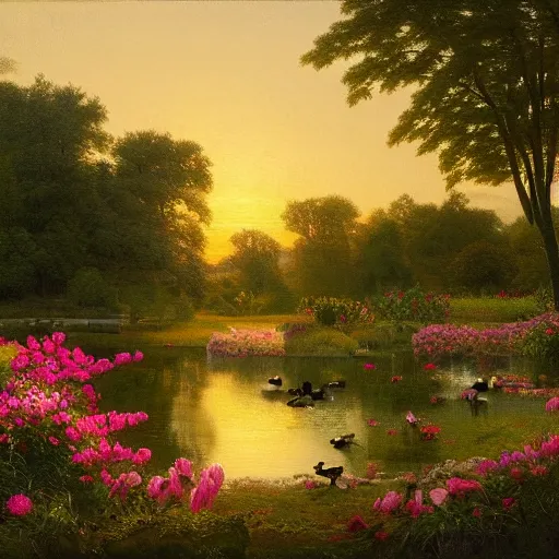 Image similar to a painting of a duck pond at sunset, surrounded by flower bushes, a detailed matte painting by Robert S. Duncanson, deviantart, hudson river school, terragen, trending on artstation