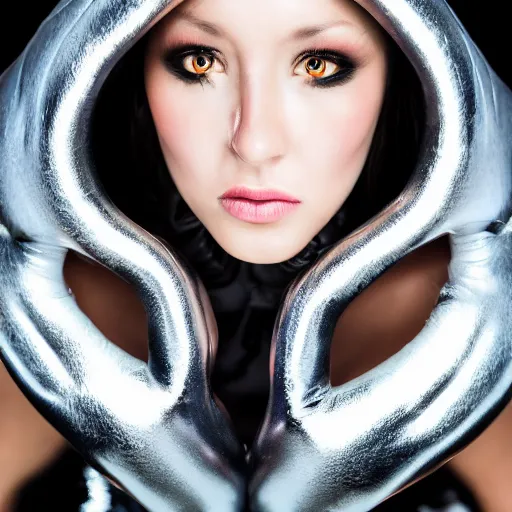 Image similar to female fashion model wearing alien clothing, professional photography, studio lighting