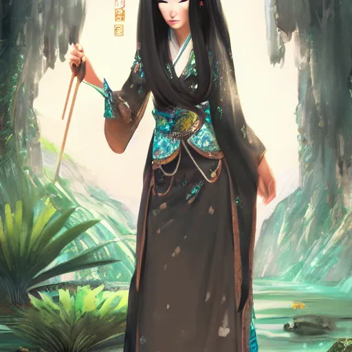 Image similar to ancient chinese princess, standing in an oasis in the desert, elegant, anime, long black hair, oil painting, smooth, artstation, concept art