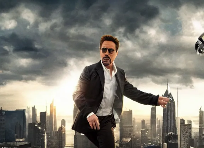 Image similar to film still of Robert Downey Jr as Cobb with the world bending in the background in Inception, 4k