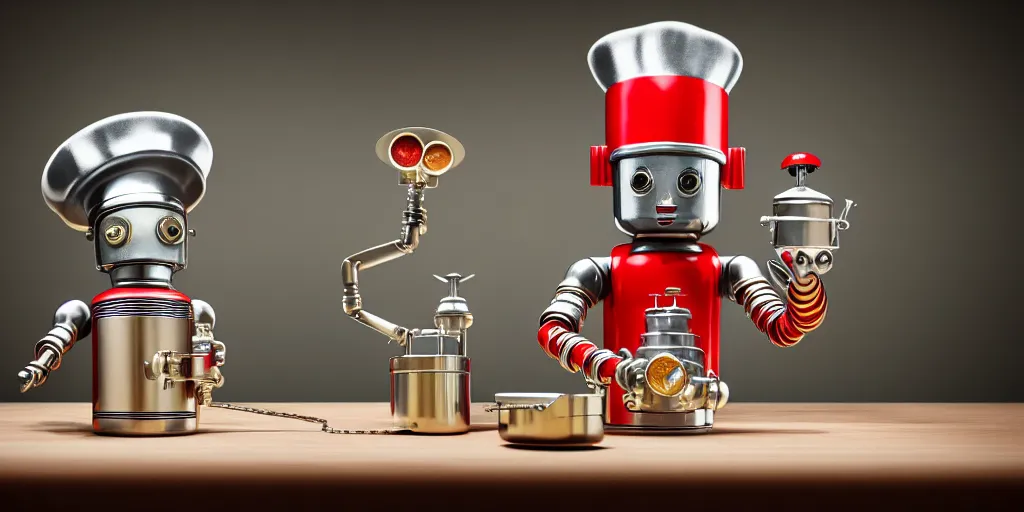 Prompt: closeup portrait of tin toy retro robot chef with flasks in a kitchen, cooking pastry with flasks, depth of field, zeiss lens, detailed, centered, fashion photoshoot, by nicoletta ceccoli, mark ryden, lostfish, breathtaking, 8 k resolution, extremely detailed, beautiful, establishing shot, artistic, hyperrealistic, octane render