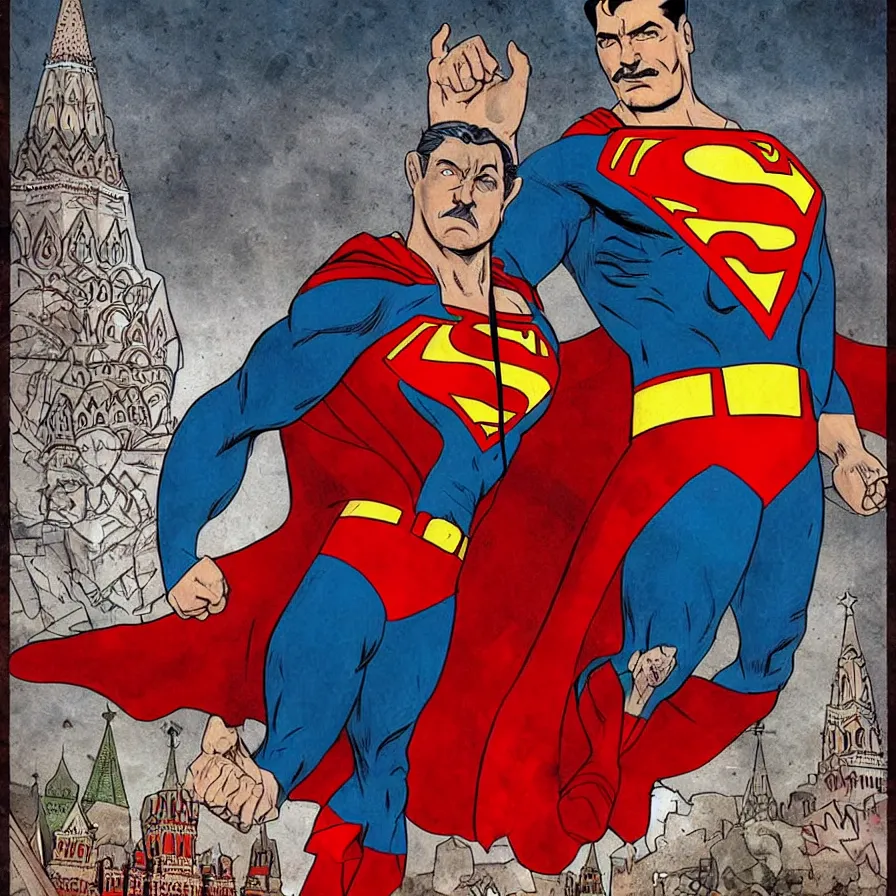 Prompt: epic comic book cover of stalin as superman floating over the red square ( moscow ), socialist realism, aesthetically pleasing, finely detailed facial features, photorealistic, intricate digital art, trending artstation, artgem, rich moody colors, fan art, concept art, in the style of the red son, by cory walker and ryan ottley