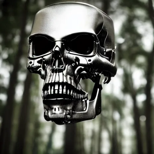 Image similar to extremely detailed portrait of a terminator's head, packed with cybernetics and and borg enhancements and has lit optic fibers inside. In a forest with bokeh. No plating, only frame of skull.