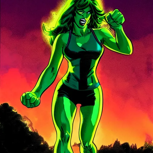Image similar to Aubrey Plaza as She-Hulk, atmospheric lighting, Image 90s style, intricate, golden hour, ultra detailed by Jim Lee and Travis charest